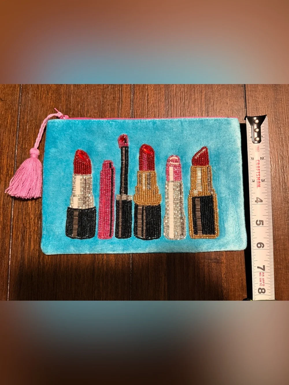 Beaded Lipstick Velvet Makeup Pouch - Turquoise & Pink Two’s Company Cosmetics